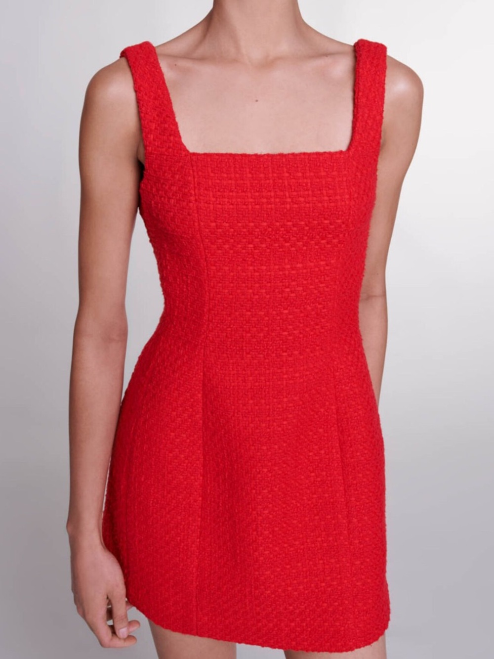 NWT Maje Ribala Red Tweed Square-Neck Mini Dress 38 (6)